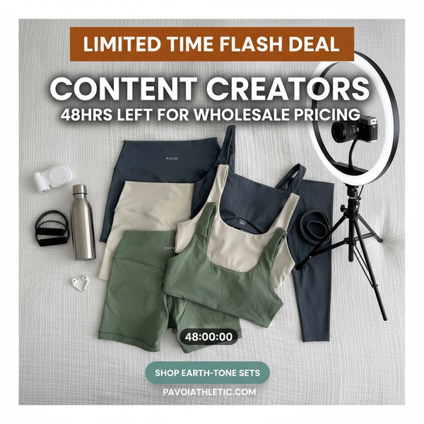 A top-down, organized flat-lay of athletic tops and bottoms paired with content creation gear to signal a limited-time wholesale pricing offer.
